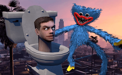 Huggy Wuggy Run From Skibidi Toilet Banner